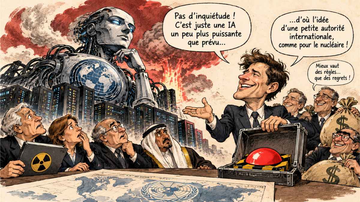Caricature satirique sur les risques de concentration du pouvoir et la régulation internationale de l’IA.