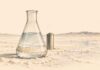 LES TITRES | Lithium, énergie, finance : les promesses et les freins de l’économie tunisienne Illustration au crayon d’une fiole contenant un liquide clair et d’une cellule de batterie sur une étendue saline, dans des tons ivoire, graphite et ocre.