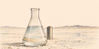 LES TITRES | Lithium, énergie, finance : les promesses et les freins de l’économie tunisienne Illustration au crayon d’une fiole contenant un liquide clair et d’une cellule de batterie sur une étendue saline, dans des tons ivoire, graphite et ocre.