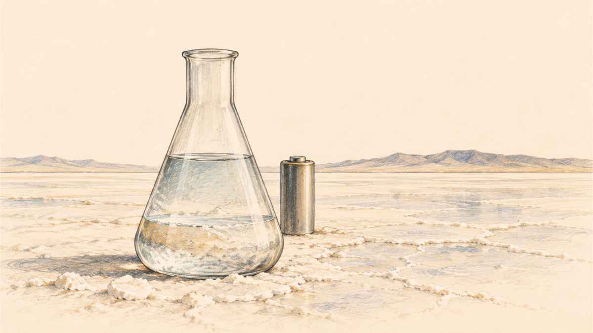 Illustration au crayon d’une fiole contenant un liquide clair et d’une cellule de batterie sur une étendue saline, dans des tons ivoire, graphite et ocre.