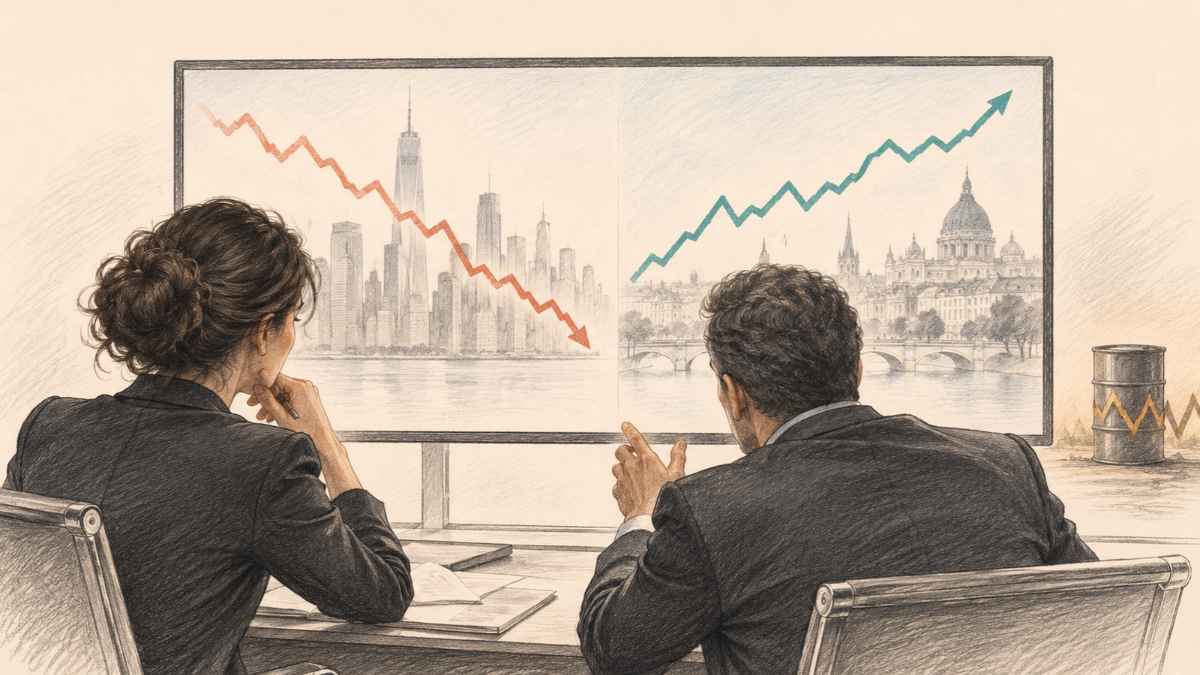 Deux analystes observent les trajectoires opposées des marchés américains et européens.
