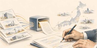 JAPON | Nikkei et SCOPE : 95 éditeurs utilisent l’IA au quotidien Illustration éditoriale au crayon montrant un journaliste examinant un brouillon produit par intelligence artificielle à partir de communiqués d’entreprises, avec une carte du Japon en arrière-plan.