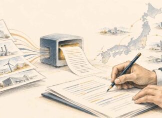 JAPON | Nikkei et SCOPE : 95 éditeurs utilisent l’IA au quotidien Illustration éditoriale au crayon montrant un journaliste examinant un brouillon produit par intelligence artificielle à partir de communiqués d’entreprises, avec une carte du Japon en arrière-plan.