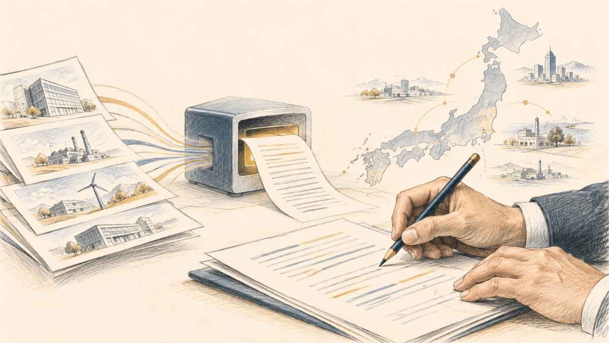 Illustration éditoriale au crayon montrant un journaliste examinant un brouillon produit par intelligence artificielle à partir de communiqués d’entreprises, avec une carte du Japon en arrière-plan.