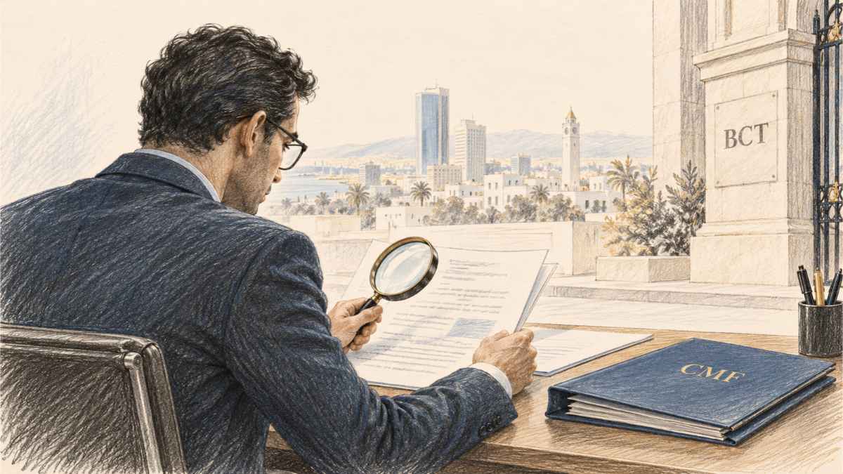 Illustration symbolique de la surveillance du marché financier tunisien à travers l'analyse des publications des sociétés cotées et des indicateurs économiques.