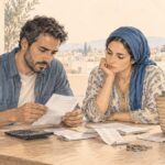 POUVOIR D’ACHAT | Maroc 2026 : seuls 2,8 % des ménages déclarent épargner Un couple marocain examine des factures et des tickets de caisse sur une table, entouré d'une calculatrice, de quelques pièces de monnaie et d'un panier de courses, dans une illustration au crayon. Copier l'ALT
