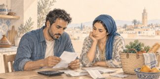 POUVOIR D’ACHAT | Maroc 2026 : seuls 2,8 % des ménages déclarent épargner Un couple marocain examine des factures et des tickets de caisse sur une table, entouré d'une calculatrice, de quelques pièces de monnaie et d'un panier de courses, dans une illustration au crayon. Copier l'ALT