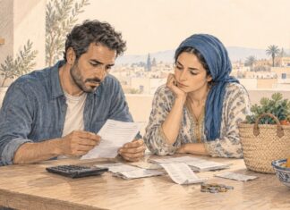 POUVOIR D’ACHAT | Maroc 2026 : seuls 2,8 % des ménages déclarent épargner Un couple marocain examine des factures et des tickets de caisse sur une table, entouré d'une calculatrice, de quelques pièces de monnaie et d'un panier de courses, dans une illustration au crayon. Copier l'ALT