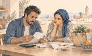 POUVOIR D’ACHAT | Maroc 2026 : seuls 2,8 % des ménages déclarent épargner Un couple marocain examine des factures et des tickets de caisse sur une table, entouré d'une calculatrice, de quelques pièces de monnaie et d'un panier de courses, dans une illustration au crayon. Copier l'ALT