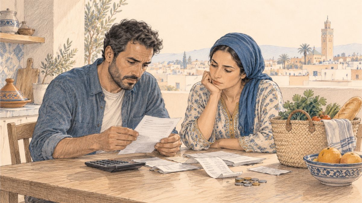 Un couple marocain examine des factures et des tickets de caisse sur une table, entouré d'une calculatrice, de quelques pièces de monnaie et d'un panier de courses, dans une illustration au crayon. Copier l'ALT