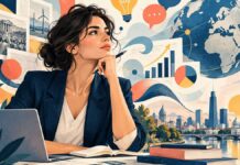 La Semaine ECO | Ormuz sous tension, la Tunisie à crédit : le prix d’une souveraineté sans investissement Illustration éditoriale symbolique d’une femme analysant des documents économiques, entourée de graphiques, d’un globe terrestre et de symboles énergétiques, évoquant les défis de la Tunisie face à la dette, aux tensions internationales et aux enjeux d’investissement.