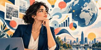La Semaine ECO | Ormuz sous tension, la Tunisie à crédit : le prix d’une souveraineté sans investissement Illustration éditoriale symbolique d’une femme analysant des documents économiques, entourée de graphiques, d’un globe terrestre et de symboles énergétiques, évoquant les défis de la Tunisie face à la dette, aux tensions internationales et aux enjeux d’investissement.
