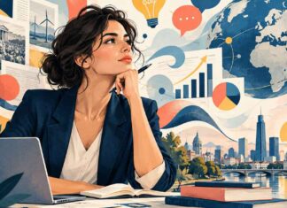 La Semaine ECO | Ormuz sous tension, la Tunisie à crédit : le prix d’une souveraineté sans investissement Illustration éditoriale symbolique d’une femme analysant des documents économiques, entourée de graphiques, d’un globe terrestre et de symboles énergétiques, évoquant les défis de la Tunisie face à la dette, aux tensions internationales et aux enjeux d’investissement.