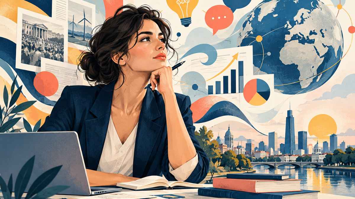 Illustration éditoriale symbolique d’une femme analysant des documents économiques, entourée de graphiques, d’un globe terrestre et de symboles énergétiques, évoquant les défis de la Tunisie face à la dette, aux tensions internationales et aux enjeux d’investissement.