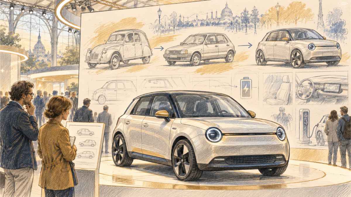 Illustration de voitures historiques et contemporaines évoquant le design néorétro