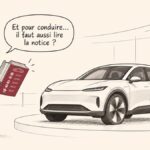 CARICATURE | Voiture moderne : quand la technologie complique la conduite Caricature d'un automobiliste surpris tenant une énorme notice d'utilisation devant une voiture moderne exposée.