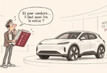 Voiture moderne : quand la technologie complique la conduite Caricature d'un automobiliste surpris tenant une énorme notice d'utilisation devant une voiture moderne exposée.