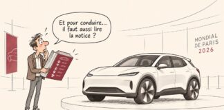 Voiture moderne : quand la technologie complique la conduite Caricature d'un automobiliste surpris tenant une énorme notice d'utilisation devant une voiture moderne exposée.
