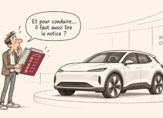 Voiture moderne : quand la technologie complique la conduite Caricature d'un automobiliste surpris tenant une énorme notice d'utilisation devant une voiture moderne exposée.