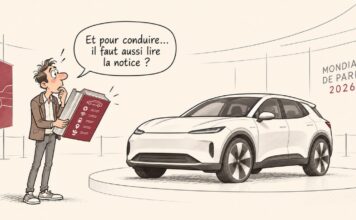 CARICATURE | Voiture moderne : quand la technologie complique la conduite Caricature d'un automobiliste surpris tenant une énorme notice d'utilisation devant une voiture moderne exposée.