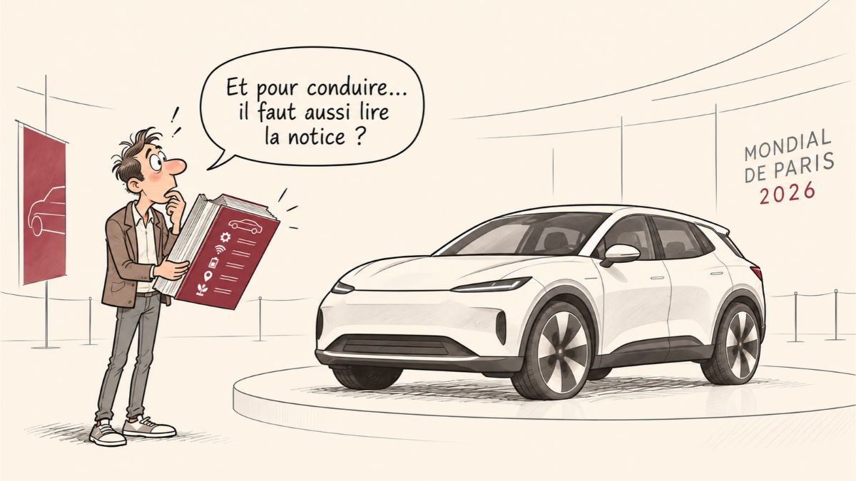 Caricature d'un automobiliste surpris tenant une énorme notice d'utilisation devant une voiture moderne exposée.