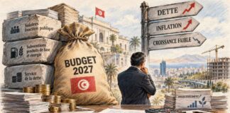 Budget 2027 : la Tunisie au bord de l’asphyxie budgétaire ? ALT : Illustration symbolique d’une balance opposant le poids des dépenses publiques et de la dette aux investissements nécessaires au développement économique tunisien.