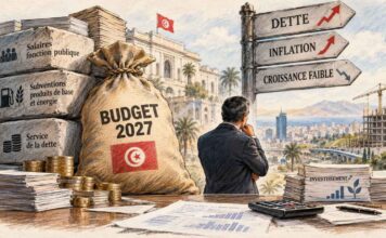 Budget 2027 : au-delà du déficit, le défi du financement de l’État ALT : Illustration symbolique d’une balance opposant le poids des dépenses publiques et de la dette aux investissements nécessaires au développement économique tunisien.