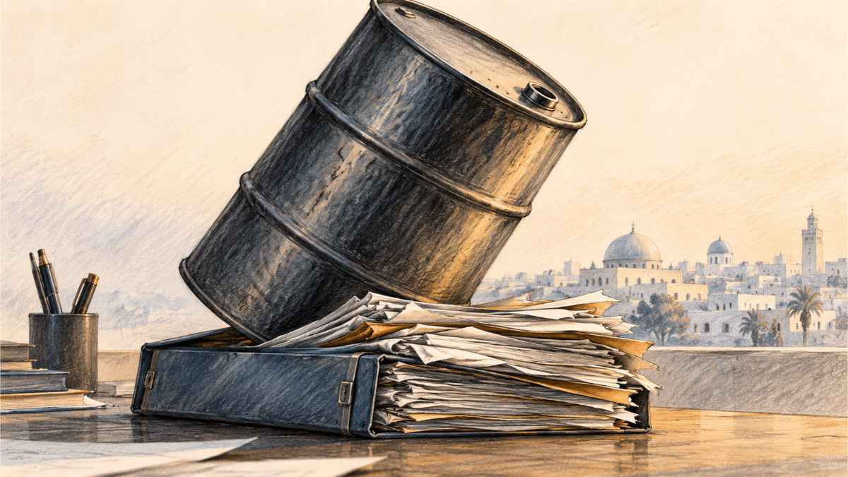 Illustration symbolique au crayon représentant un lourd baril de pétrole appuyé sur un dossier budgétaire, devant un paysage urbain évoquant Tunis.
