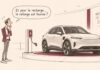 CARICATURE | Voiture électrique : la recharge face aux réalités quotidiennes Caricature d'un automobiliste face à une voiture électrique et une borne dont le câble est trop court pour atteindre le véhicule.