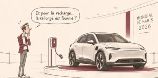 CARICATURE | Voiture électrique : la recharge face aux réalités quotidiennes Caricature d'un automobiliste face à une voiture électrique et une borne dont le câble est trop court pour atteindre le véhicule.