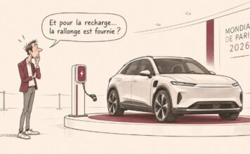 CARICATURE | Voiture électrique : la recharge face aux réalités quotidiennes Caricature d'un automobiliste face à une voiture électrique et une borne dont le câble est trop court pour atteindre le véhicule.