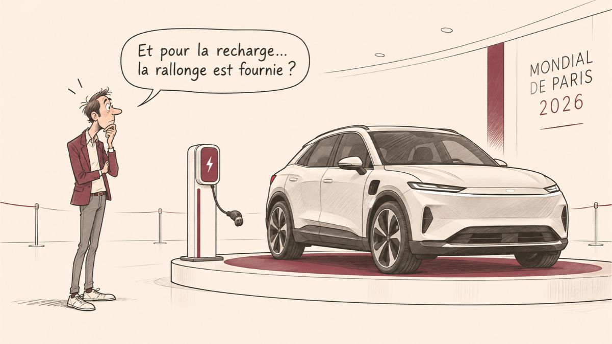 Caricature d'un automobiliste face à une voiture électrique et une borne dont le câble est trop court pour atteindre le véhicule.