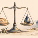 LES TITRES | Tunisie : soutenir les prix, désenclaver les régions, renforcer la production Balance portant du pain et une goutte de pétrole, avec un rameau d’olivier et une route vers un port, dessinés sur fond ivoire