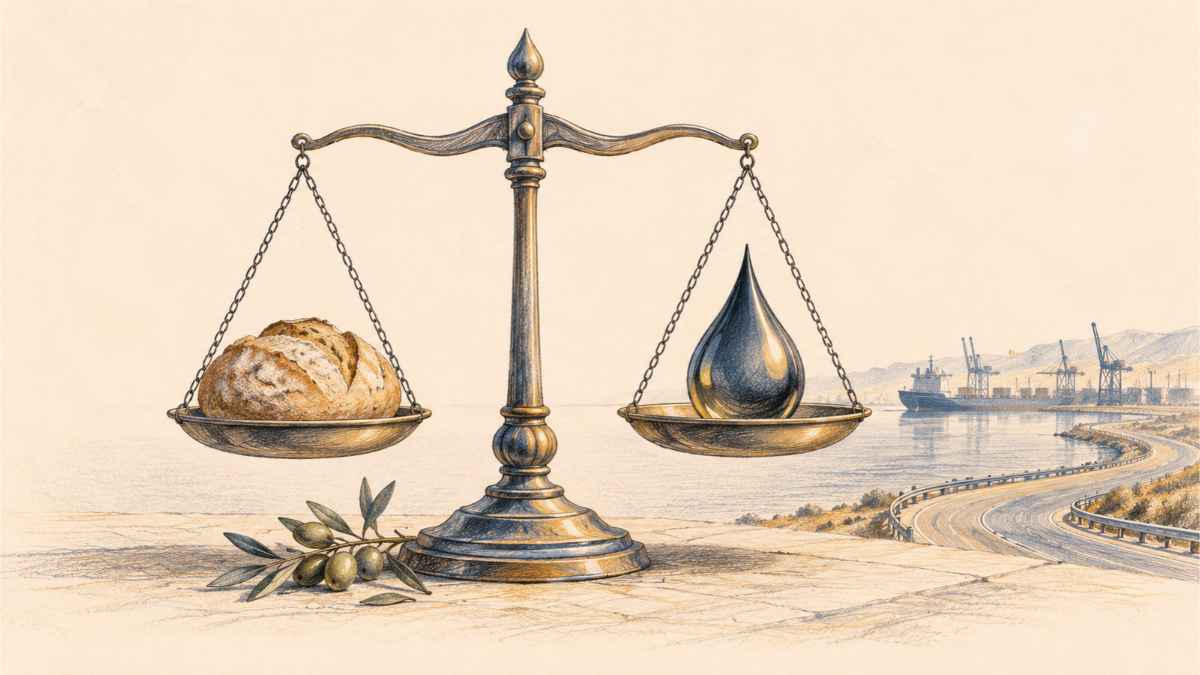 Balance portant du pain et une goutte de pétrole, avec un rameau d’olivier et une route vers un port, dessinés sur fond ivoire