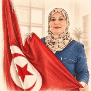 Portrait au crayon d’une femme tunisienne portant un hijab fleuri et tenant le drapeau national tunisien, sur fond ivoire.