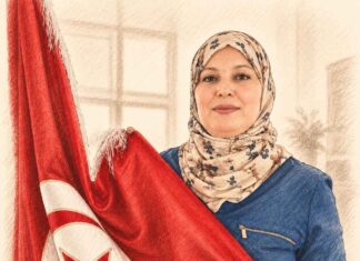 Amel Hamdi – fondatrice de Quatre A Energy : « Pour moi, l’énergie solaire doit être accessible, fiable et intelligible pour tous les Tunisiens » Portrait au crayon d’une femme tunisienne portant un hijab fleuri et tenant le drapeau national tunisien, sur fond ivoire.