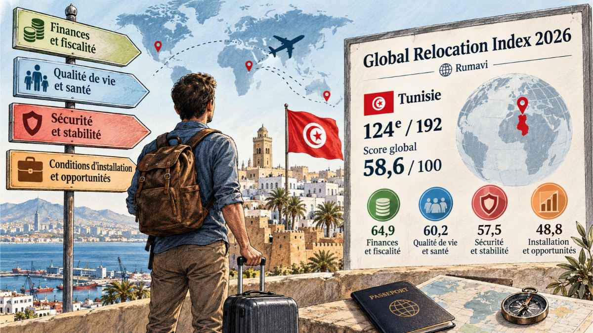 Illustration symbolique d'un voyageur avec une valise contemplant un paysage urbain tunisien, accompagnée d'indicateurs du Global Relocation Index 2026.