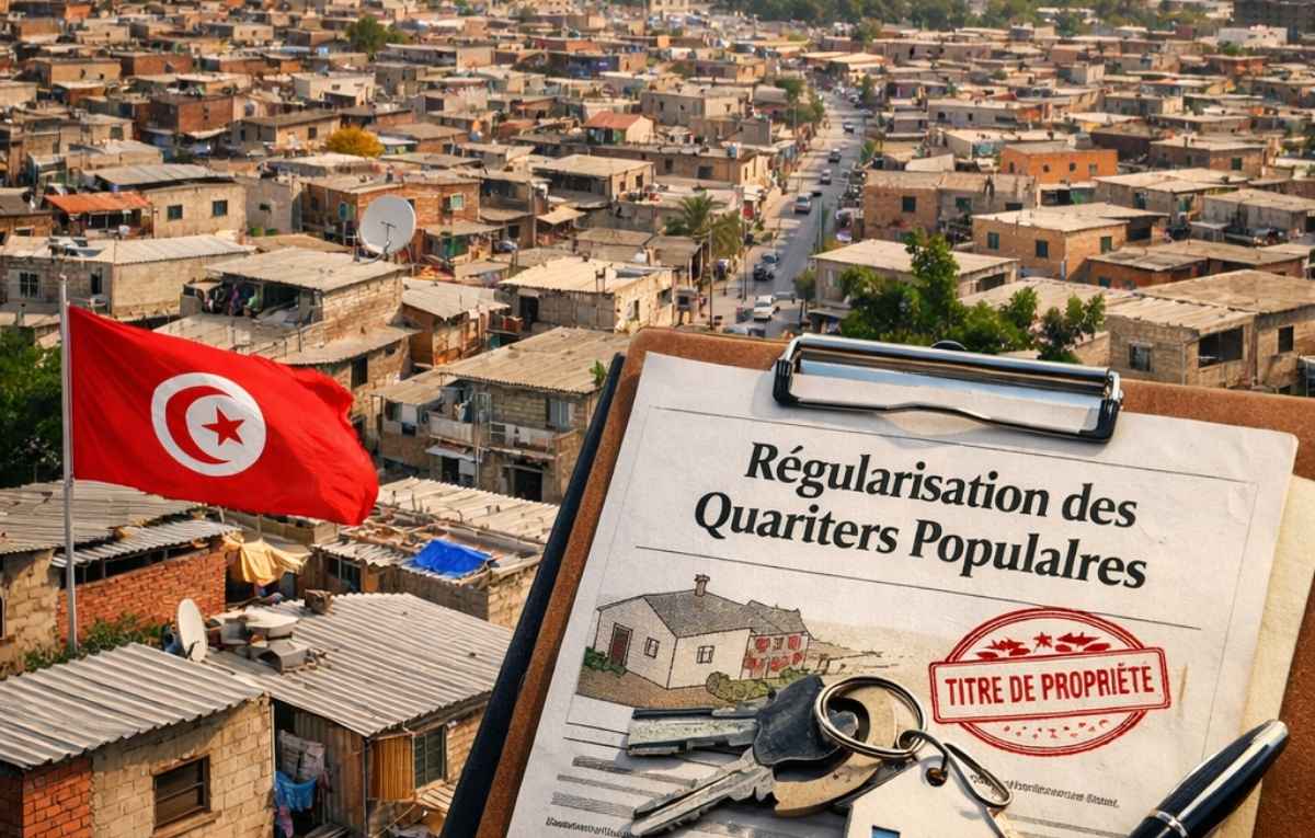 Vue aérienne d'un quartier populaire dense en Tunisie, montrant des constructions serrées en briques rouges sans revêtement, illustrant les défis de l'urbanisme spontané.