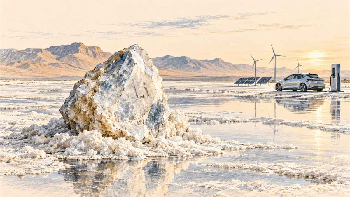 Illustration symbolique du potentiel de lithium dans les saumures du Chott El-Jérid, en Tunisie, et des perspectives de transition énergétique.
