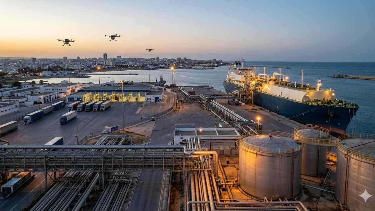 Photographie éditoriale par drone montrant le port industriel de la Goulette à Tunis au crépuscule. Pétrole, Prix du Baril