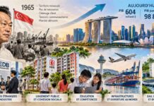 HISTOIRE ÉCO — Singapour : comment une cité sans ressources est devenue un hub mondial Illustration symbolique de la transformation économique de Singapour, entre son port historique, ses logements publics, ses infrastructures et son quartier d'affaires moderne.
