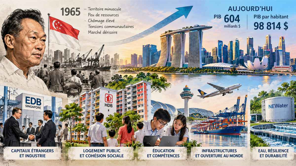 Illustration symbolique de la transformation économique de Singapour, entre son port historique, ses logements publics, ses infrastructures et son quartier d'affaires moderne.