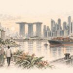 HISTOIRE ÉCO — Fiche Signalétique : République de Singapour Illustration au crayon sur fond ivoire de Singapour, associant gratte-ciel, logements, port à conteneurs et circuits électroniques.
