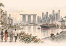 HISTOIRE ÉCO — Fiche Signalétique : République de Singapour Illustration au crayon sur fond ivoire de Singapour, associant gratte-ciel, logements, port à conteneurs et circuits électroniques.