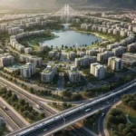 Réforme urbaine en Tunisie : Vers de nouvelles villes et corridors économiques Vue aérienne d'un projet d'aménagement urbain moderne montrant des routes structurées et des zones vertes intégrées en Tunisie.