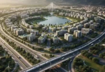 Réforme urbaine en Tunisie : Vers de nouvelles villes et corridors économiques Vue aérienne d'un projet d'aménagement urbain moderne montrant des routes structurées et des zones vertes intégrées en Tunisie.