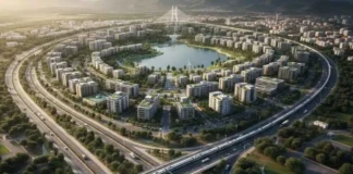 Réforme urbaine en Tunisie : Vers de nouvelles villes et corridors économiques Vue aérienne d'un projet d'aménagement urbain moderne montrant des routes structurées et des zones vertes intégrées en Tunisie.