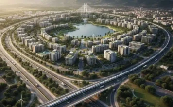 Ville durable en Tunisie : séminaire sur le plan de développement 2026-2030 et la transformation urbaine Vue aérienne d'un projet d'aménagement urbain moderne montrant des routes structurées et des zones vertes intégrées en Tunisie.