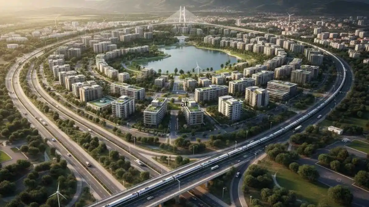 Vue aérienne d'un projet d'aménagement urbain moderne montrant des routes structurées et des zones vertes intégrées en Tunisie.