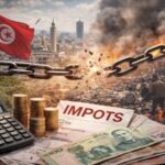 FISCALITE : pourquoi le modèle actuel est à bout de souffle Illustration réaliste de la fiscalité tunisienne montrant des pièces et documents fiscaux au premier plan, un marché informel et la ville de Tunis en arrière-plan, symbolisant la pression fiscale, l’informalité et la crise de confiance.
